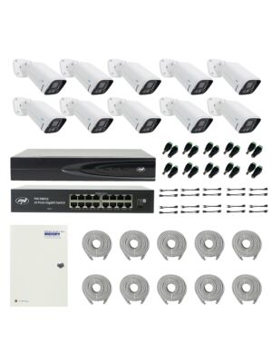 PNI House IP816 NVR-paketti 10 PNI IP780 4MP -kameralla, lähde, kytkin, kaapelit, pistokkeet ja jakajat