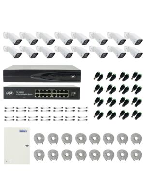 PNI House IP816 NVR-paketti 16 PNI IP740 4MP -kameralla, lähde, kytkin, kaapelit, pistokkeet ja jakajat