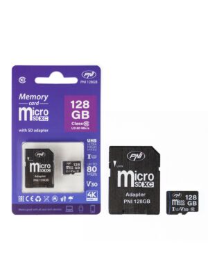 MicroSD PNI 128GB muistikortti SD-sovittimella, Class 10, 80 Mb/s, V30