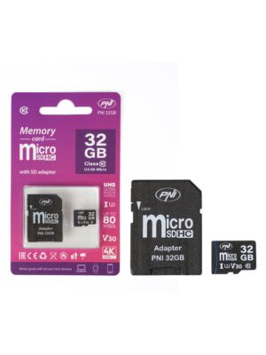 MicroSD PNI 32GB muistikortti SD-sovittimella, Class 10, 80 Mb/s, V30