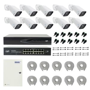 PNI House IP816 NVR-paketti 10 PNI IP780 4MP -kameralla, lähde, kytkin, kaapelit, pistokkeet ja jakajat