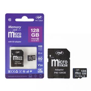 MicroSD PNI 128GB muistikortti SD-sovittimella, Class 10, 80 Mb/s, V30