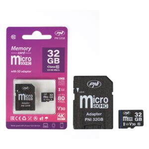 MicroSD PNI 32GB muistikortti SD-sovittimella, Class 10, 80 Mb/s, V30